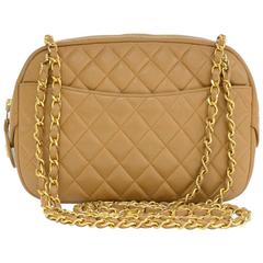 Vintage Chanel 9" Light Brown Quilted Leather Shoulder Tote Bag