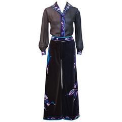 1970's Pucci Brown, Blue & Purple Chiffon Blouse & Velvet Pant Ensemble 3