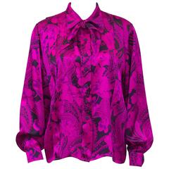 1980's Scherrer Hot Pink and Black Paisley Silk Blouse 12