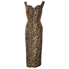 Alexander McQueen 2005 Leopard Print Sleeveless Midi Wiggle Dress with Lace Trim