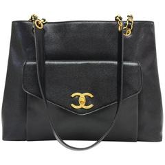 Chanel 12" Black Caviar Leather Medium Shoulder Tote Bag 12