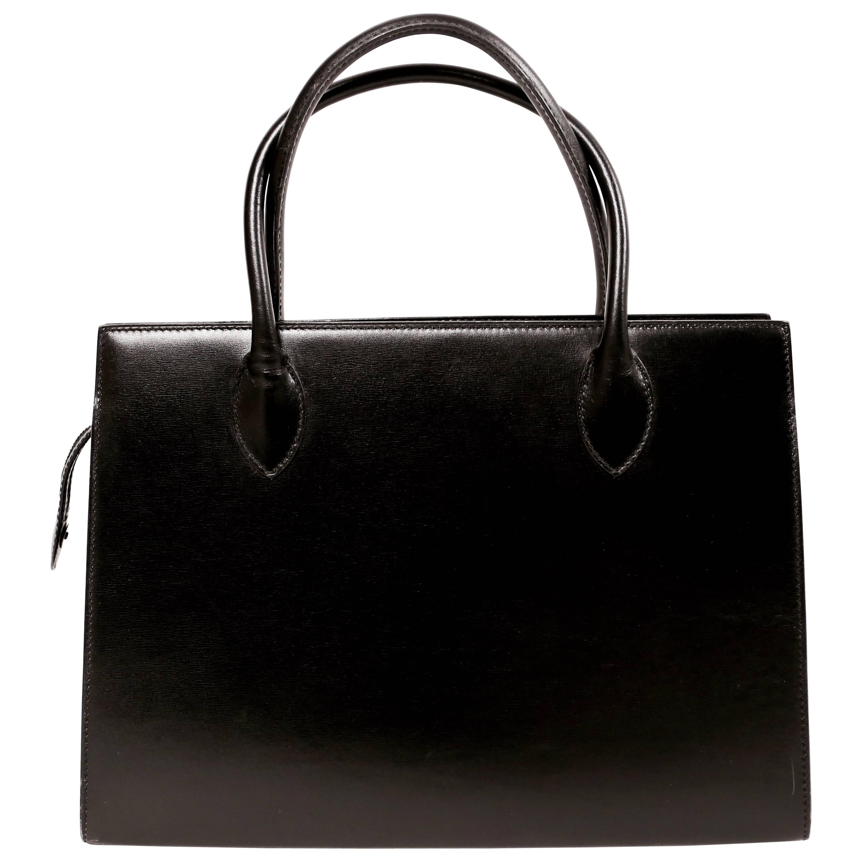 1980's AZZEDINE ALAIA minimal jet black leather box bag