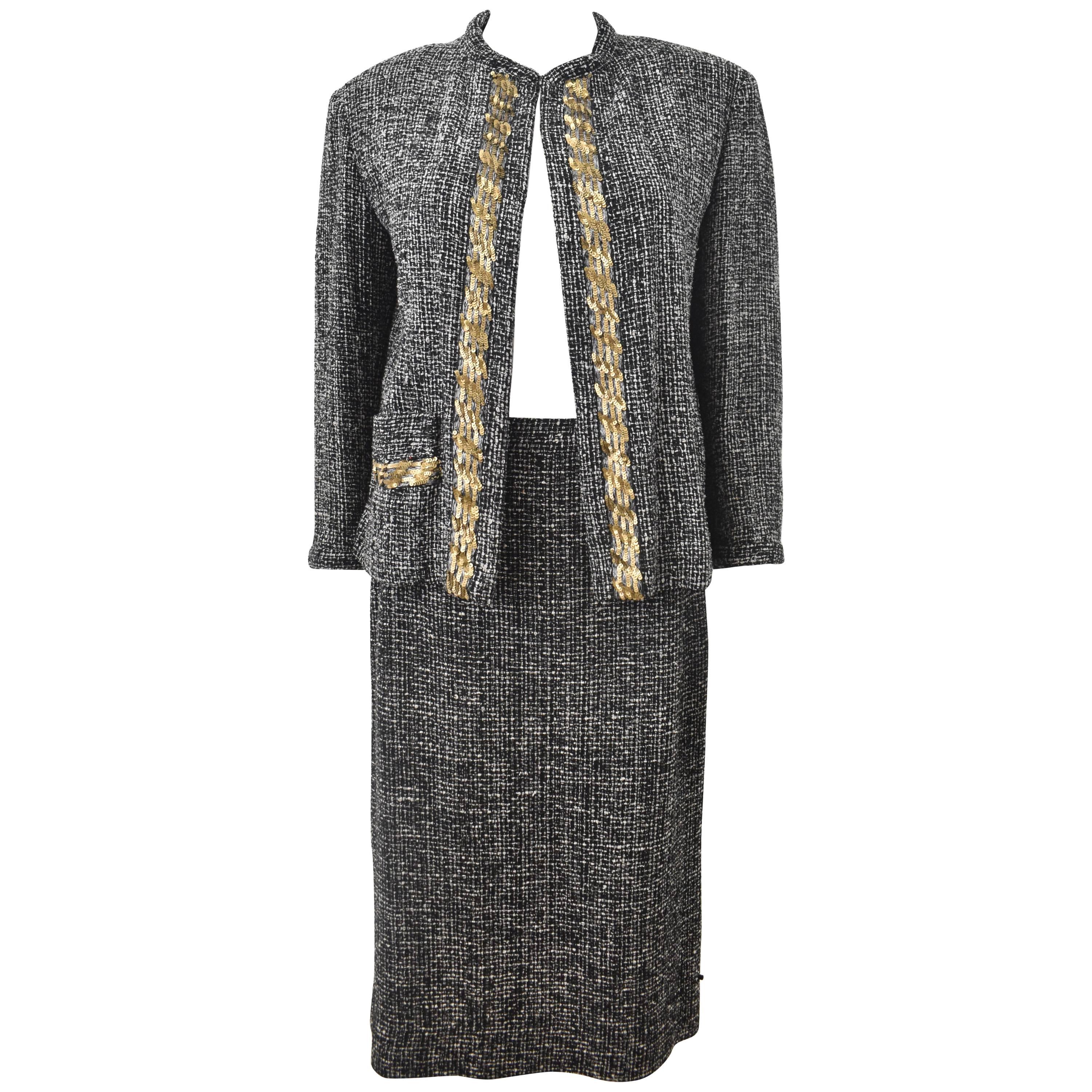 Yohji Yamamoto ‘Chanel Homage’ Black and White Tweed Skirt Suit with Gold Sequin For Sale