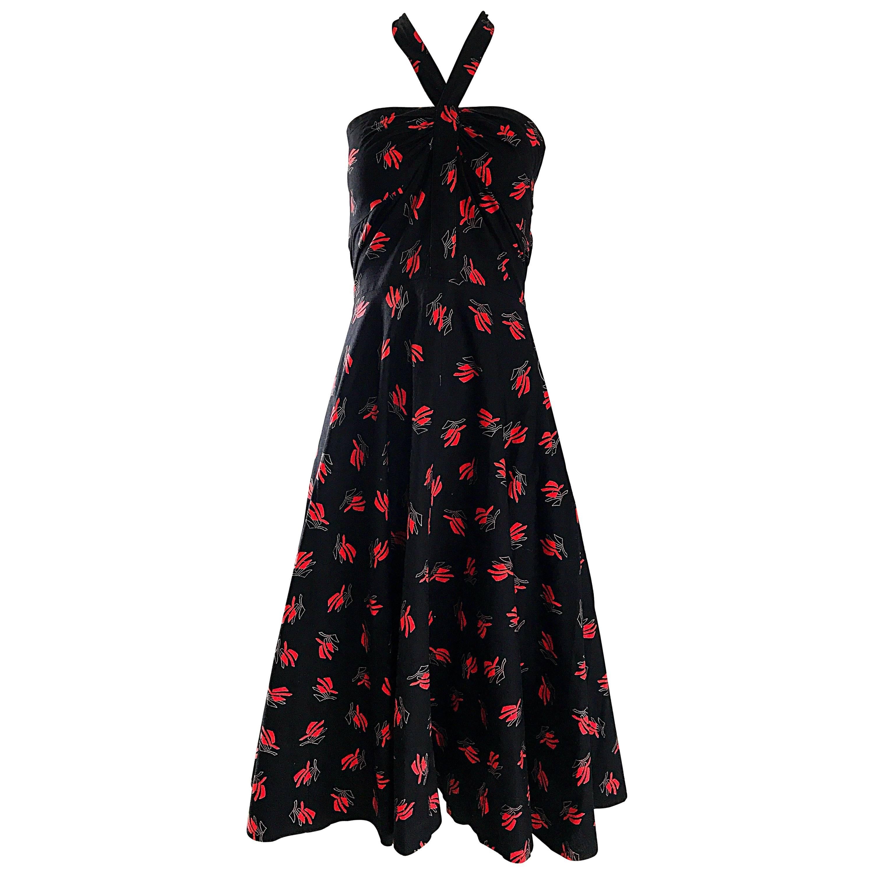 Vintage Guy Laroche Size 44 Black + Red Oriental Themed Cotton Halter Sun Dress 