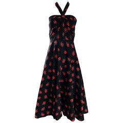 Vintage Guy Laroche Size 44 Black + Red Oriental Themed Cotton Halter Sun Dress 11