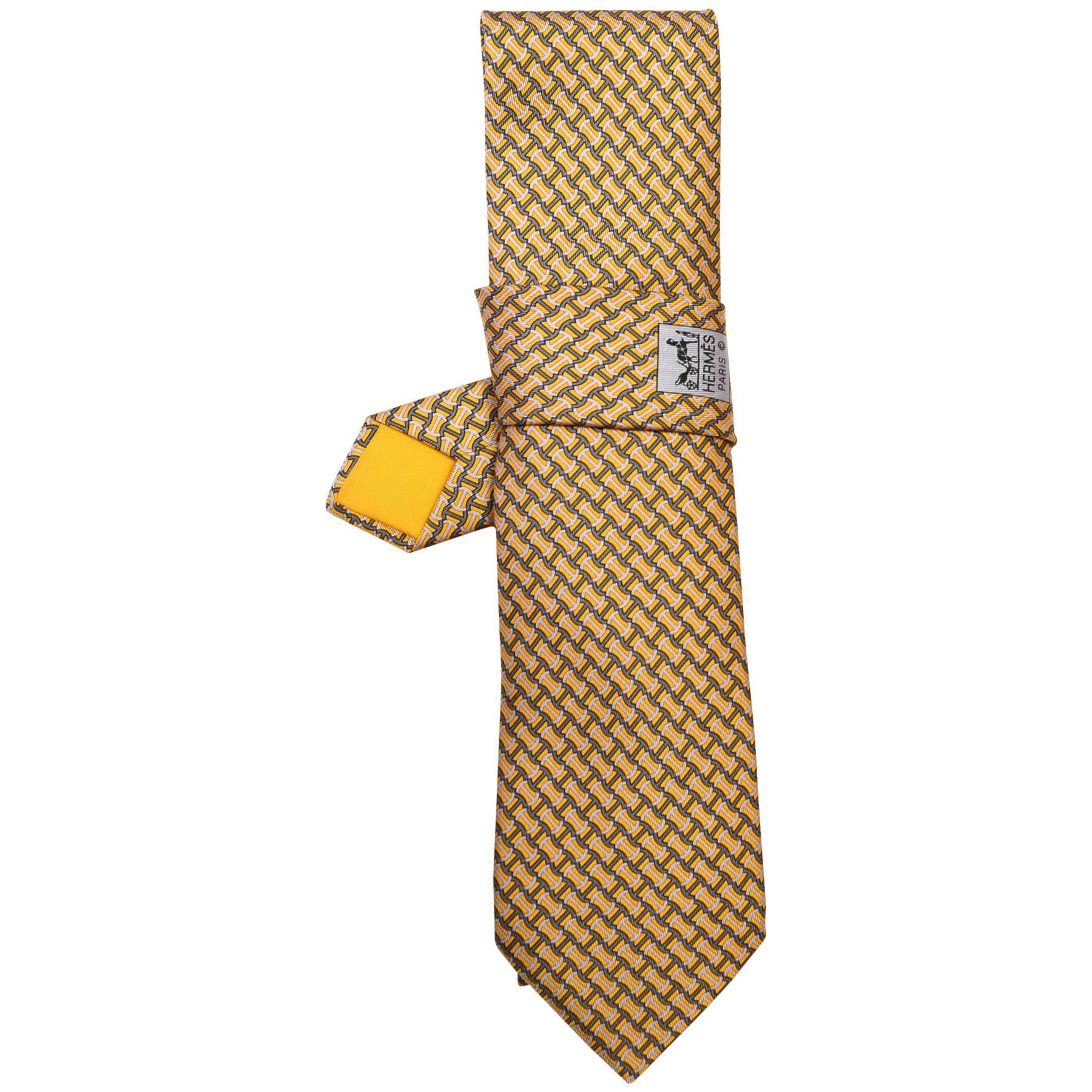 Hermes Yellow & Grey Anchor Print Silk Tie