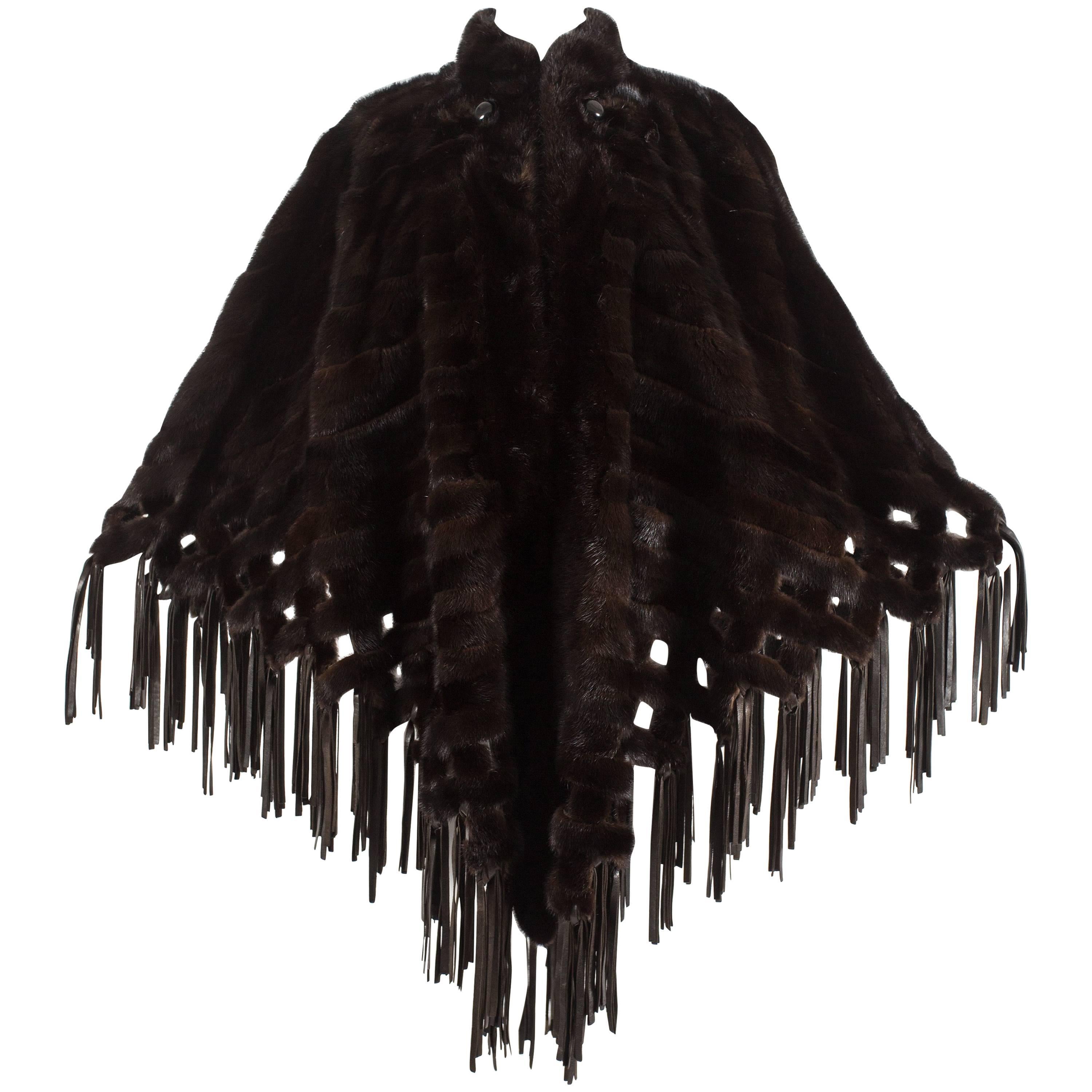 Christian Dior by Marc Bohan brown mink cape with leather tassels, c. 1970 For Sale