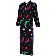 1979 Yves Saint Laurent YSL Black Tunic Dress W/Multi-Color Moon & Star Print