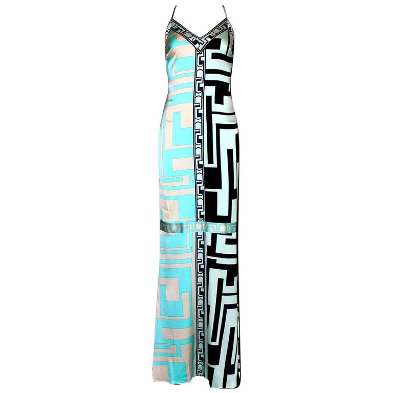 Emilio Pucci Signature Print Silk Evening Gown Maxi Dress For Sale at