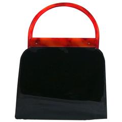 Bold and Chic Black Patent Bag with Lucite Frame and Handles.  Summer!