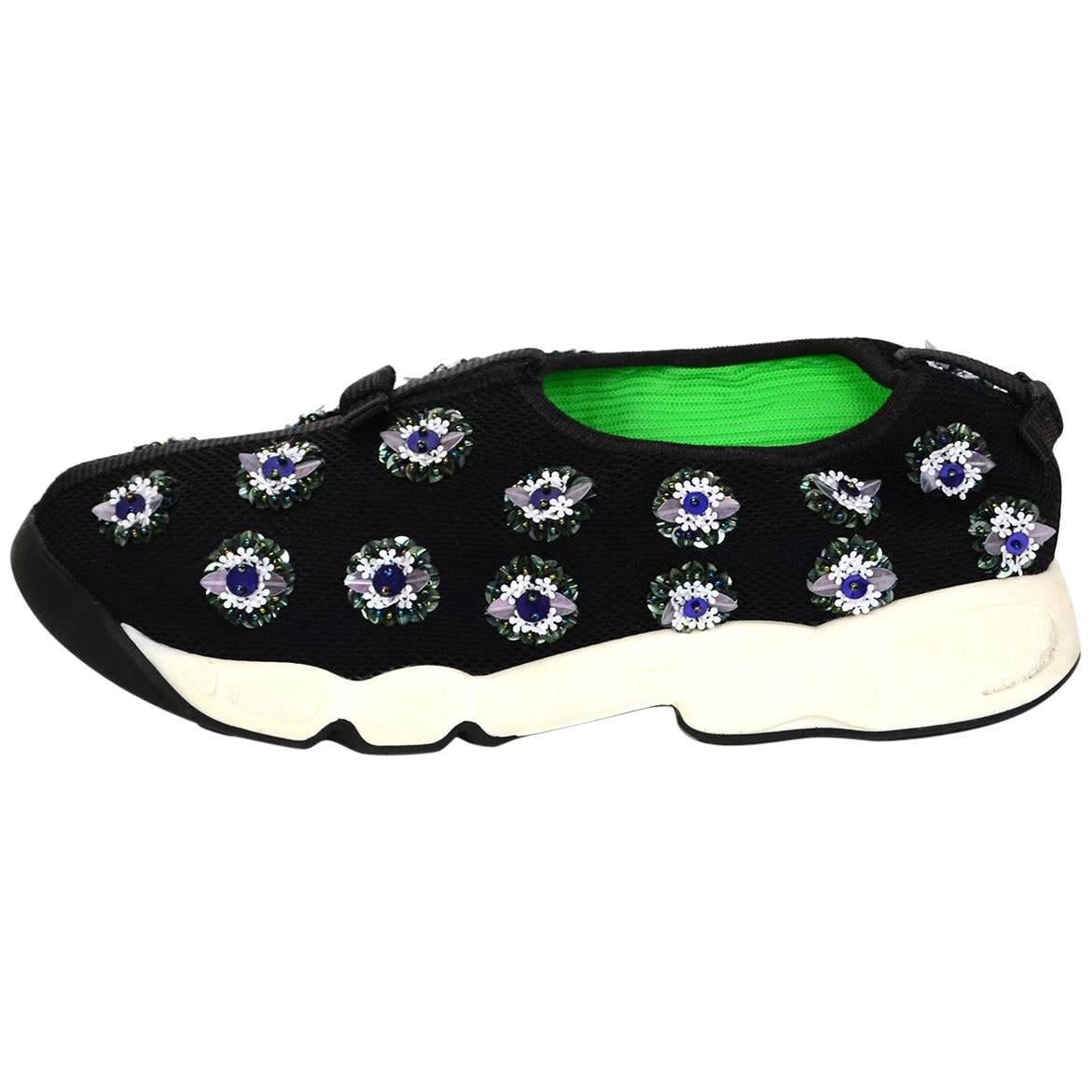 Christian Dior Black and White Floral Beaded Fusion Sneakers Sz 38.5