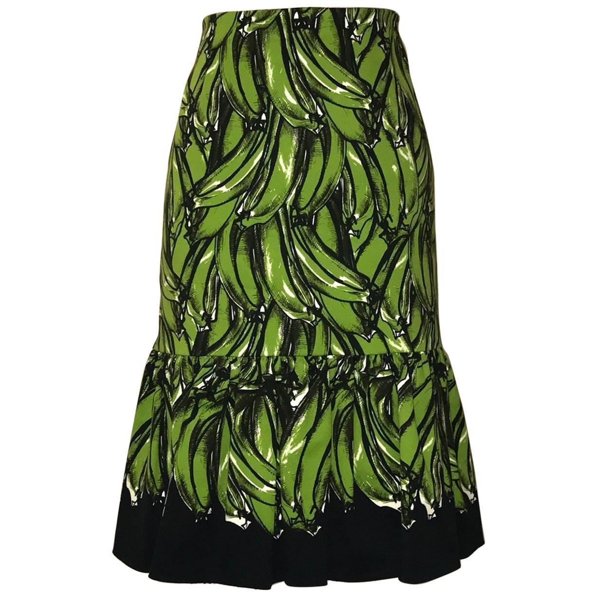 Prada 2011 Green and Black Banana Print Pencil Skirt with Ruffle Bottom