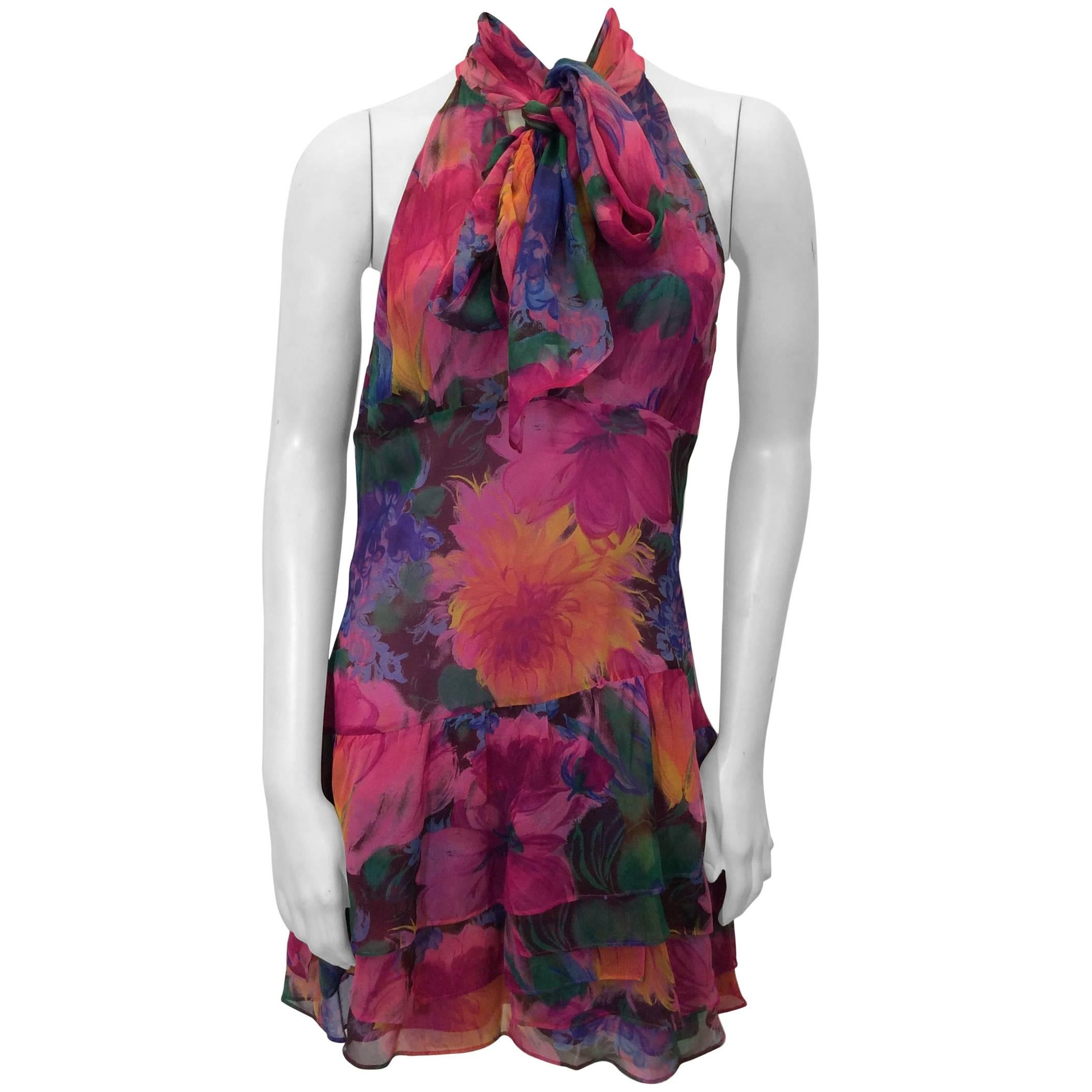 Dolce & Gabanna Floral Chiffon Ruffle Dress with Scarf For Sale