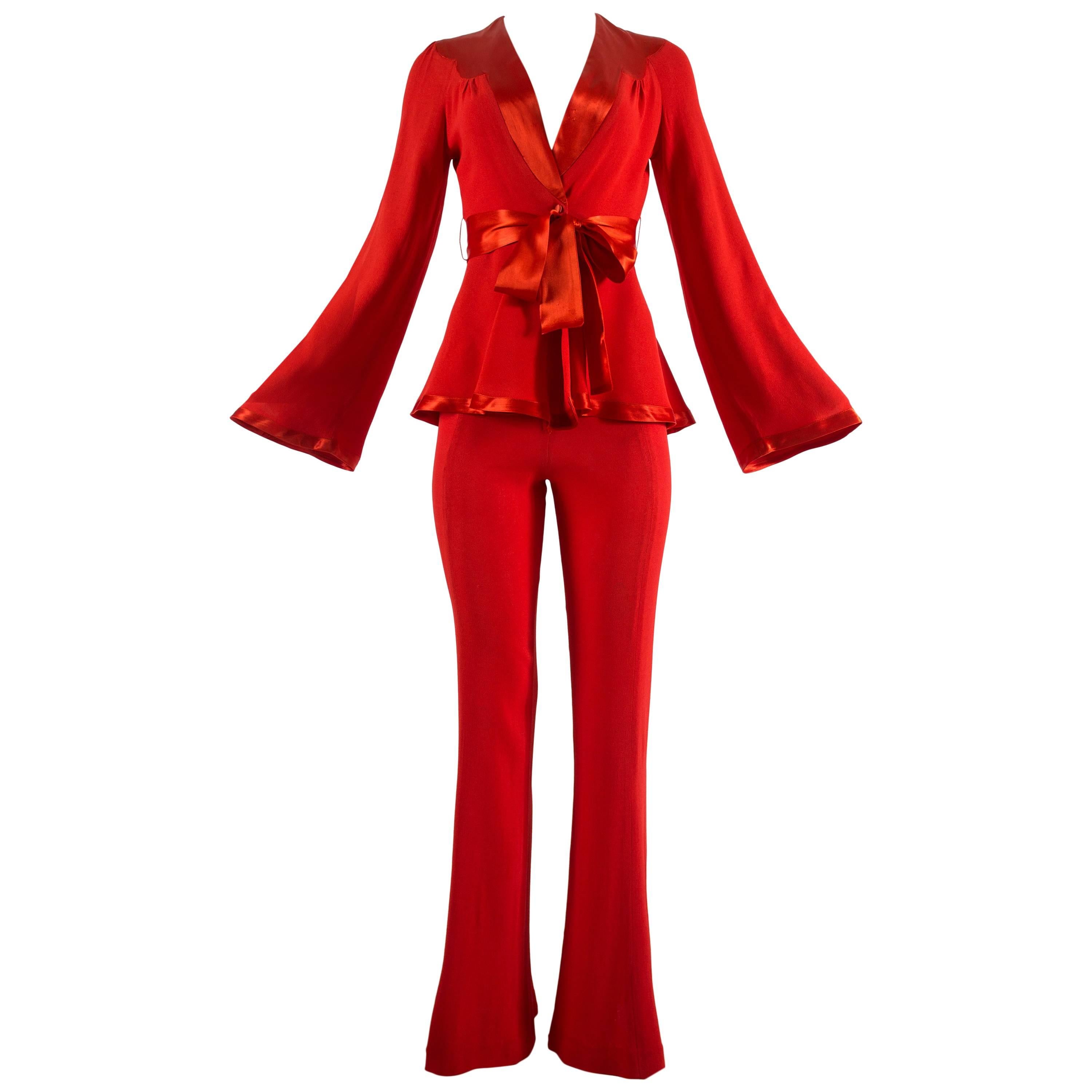 Ossie Clark 1970s red moss crepe and satin pant suit