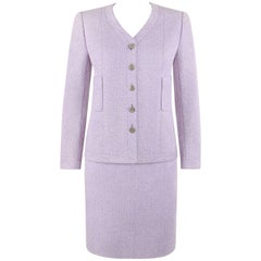 CHANEL S/S 1998 2 Pc Classic Lilac & White Wool Tweed Suit Blazer Skirt Set 40