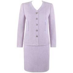 CHANEL S/S 1998 2 Pc Classic Lilac & White Wool Tweed Suit Blazer Skirt Set 40