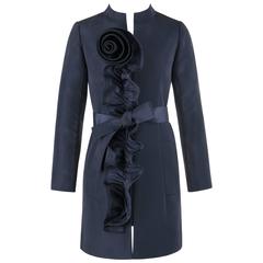 OSCAR DE LA RENTA Resort 2010 Navy Blue Silk Ruffle Floral Detail Belted Coat