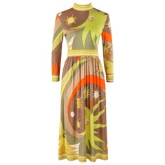 EMILIO PUCCI c.1960's Multicolor Abstract Sunburst Signature Print Jersey Dress