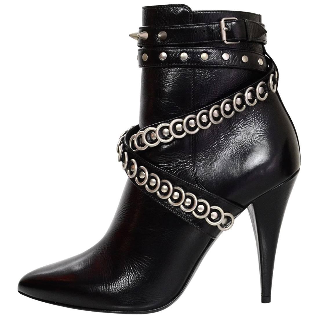 Saint Laurent Black Leather Multi-trap Studded Fetish 105 Booties sz 39