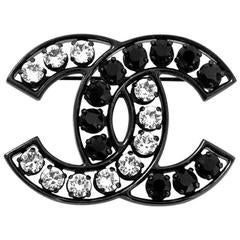 Chanel Black & Clear Crystal CC Brooch Pin