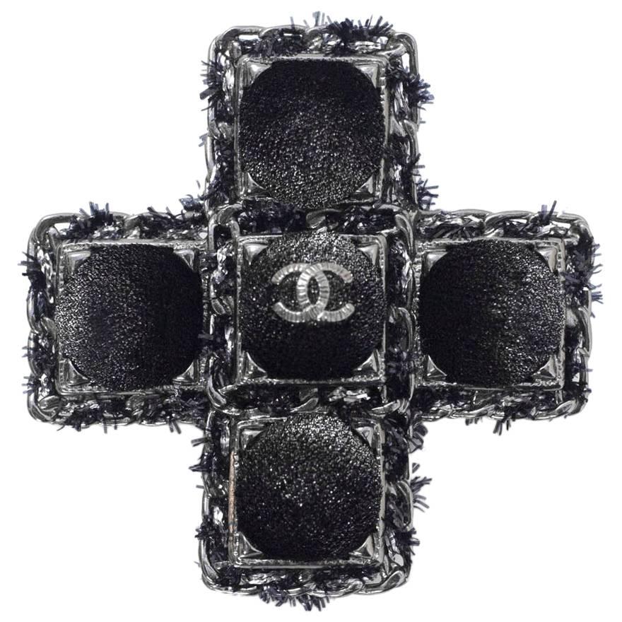 Chanel 2013 Black Velvet CC Cross Brooch Pin