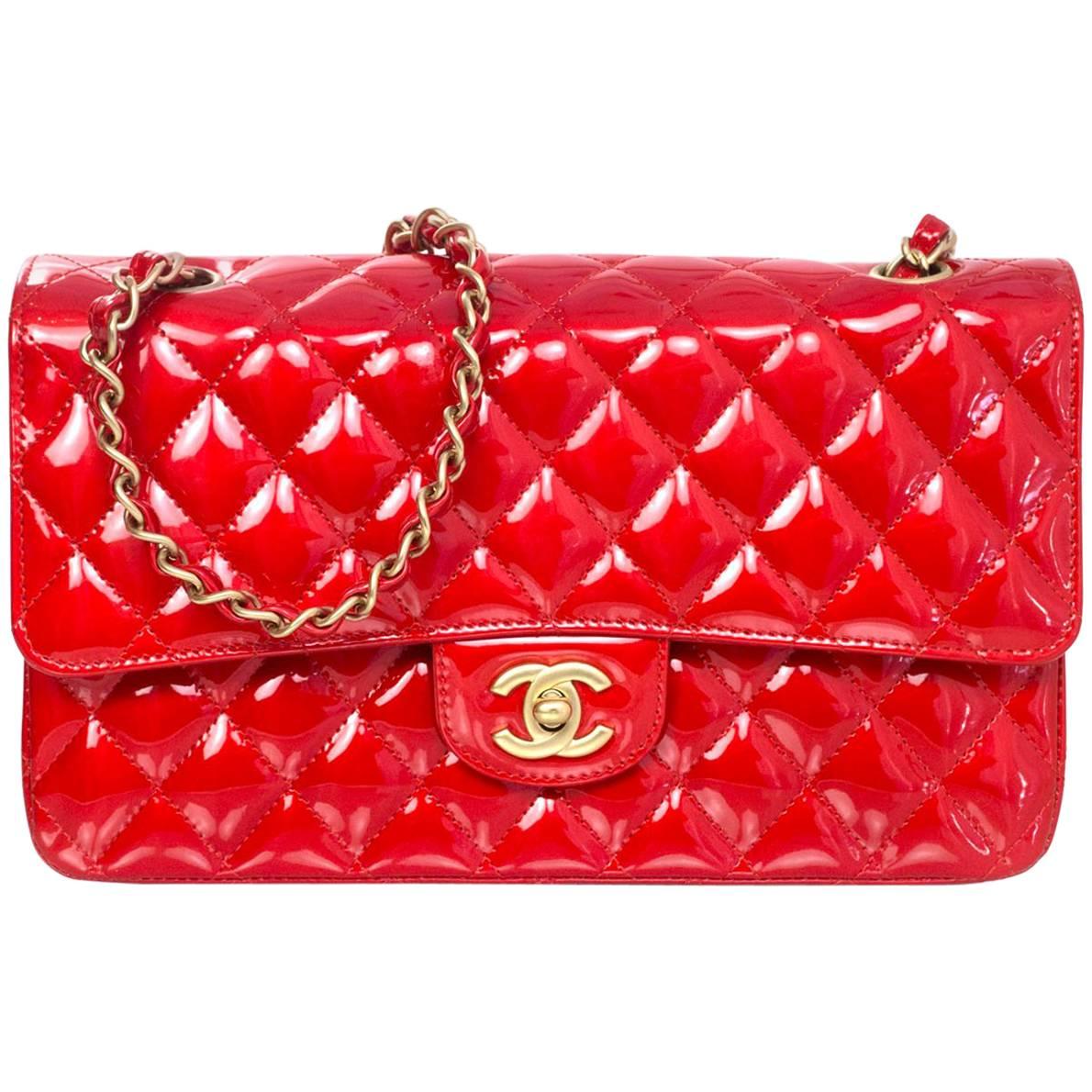 Chanel Collector's Mobile Art Show Signed Red Patent 10" Classic Double Flap Bag