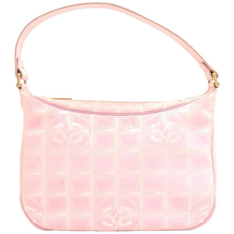 Chanel Pink Jacquard Nylon Travel Line Pochette Hand Bag For Sale