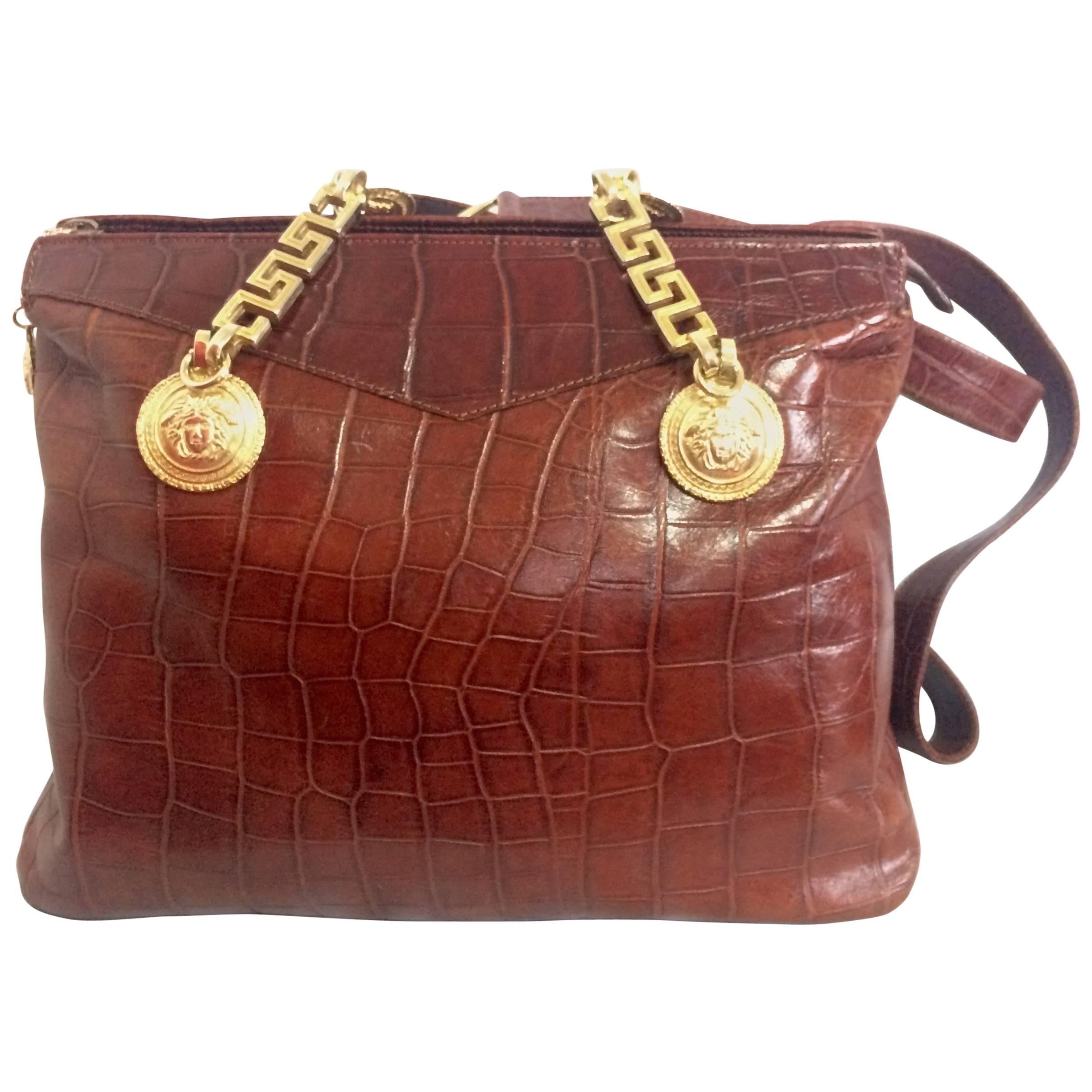 Vintage Gianni Versace brown croc-embossed leather shoulder tote bag.