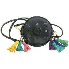 Vintage MCM black monogram Suzy Wong mini shoulder purse with multicolor fringes