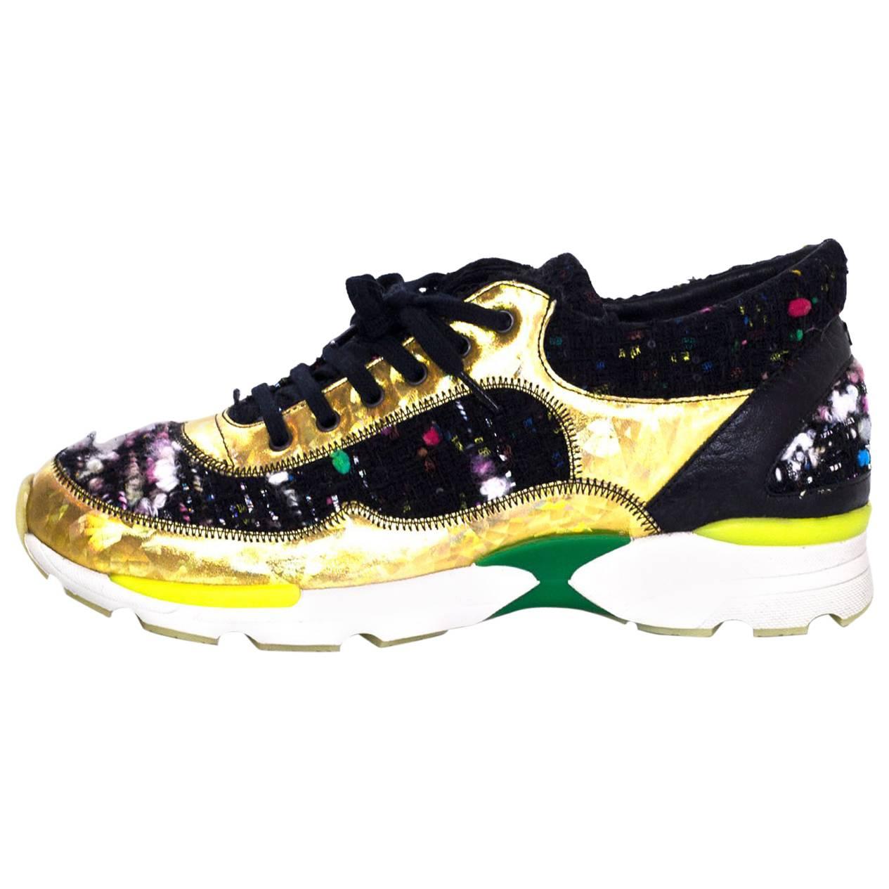 Chanel Tweed & Gold Trainer Sneakers Sz 38.5 rt. $1, 350