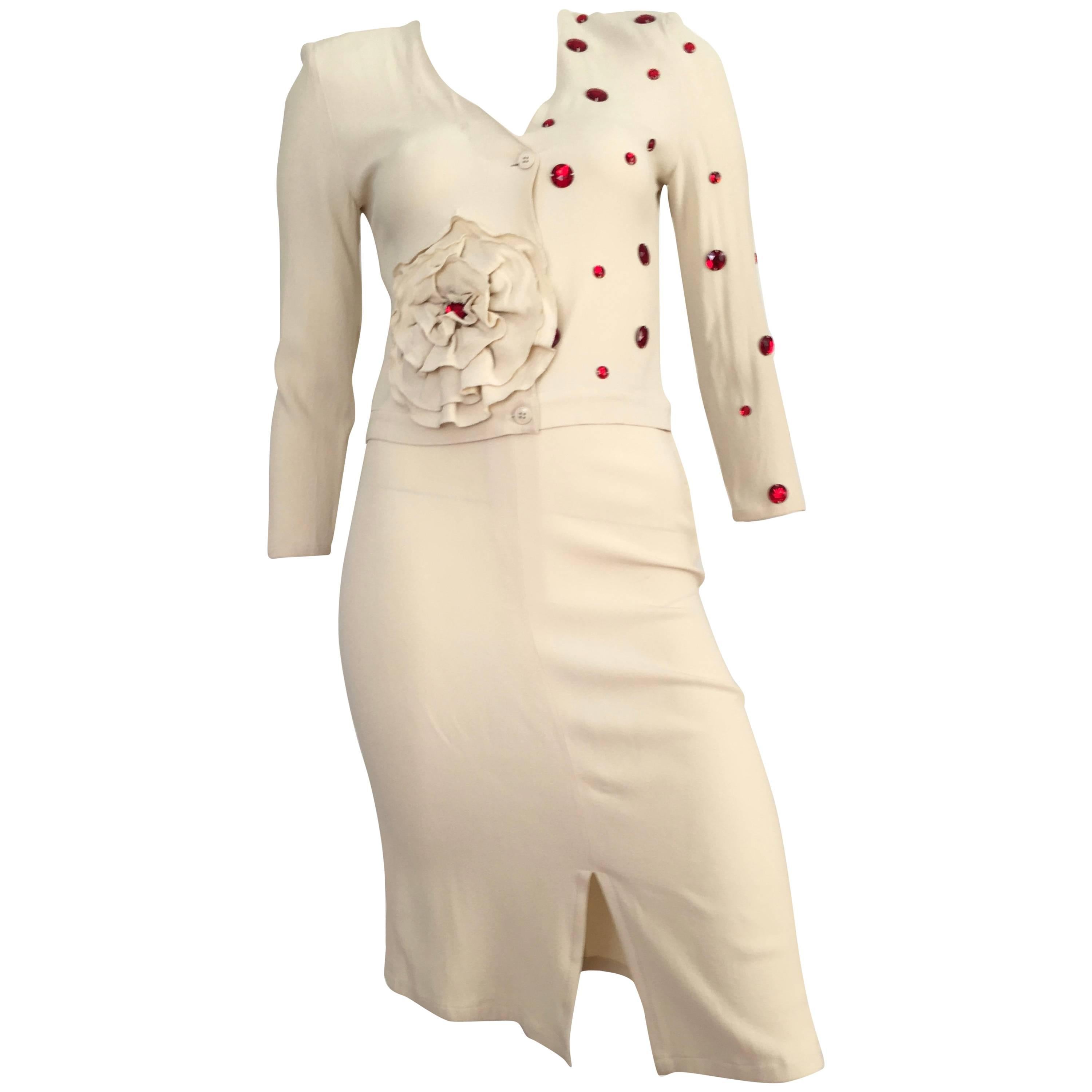 Sonia Rykiel 1980s Cream Skirt Suit with Red Rhinestones Size 4.  For Sale