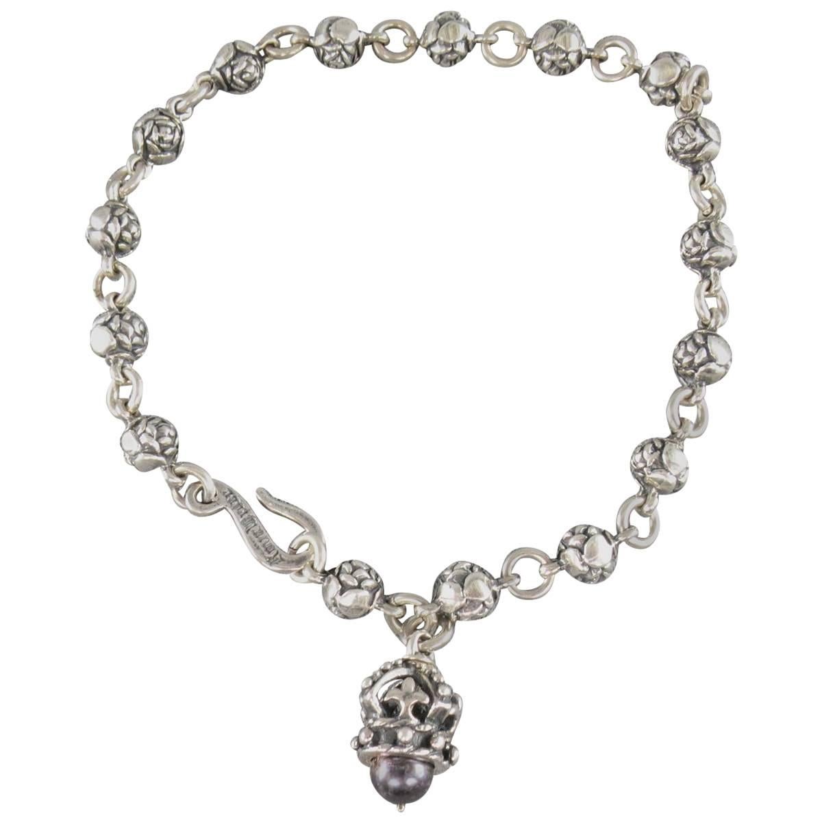 Sterling Silver Bracelet Rose Chain Black Pearl Crown - Jewelry