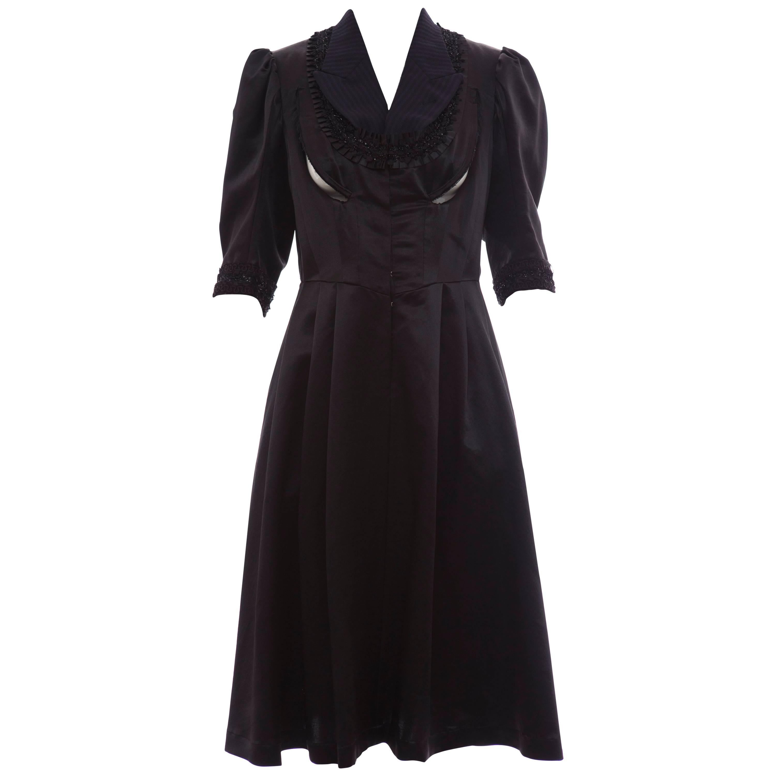 Comme Des Garcons Navy Black Wool Silk Satin Embroidered Dress, Fall 2006 For Sale