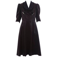 Comme Des Garcons Navy Black Wool Silk Satin Embroidered Dress, Fall 2006