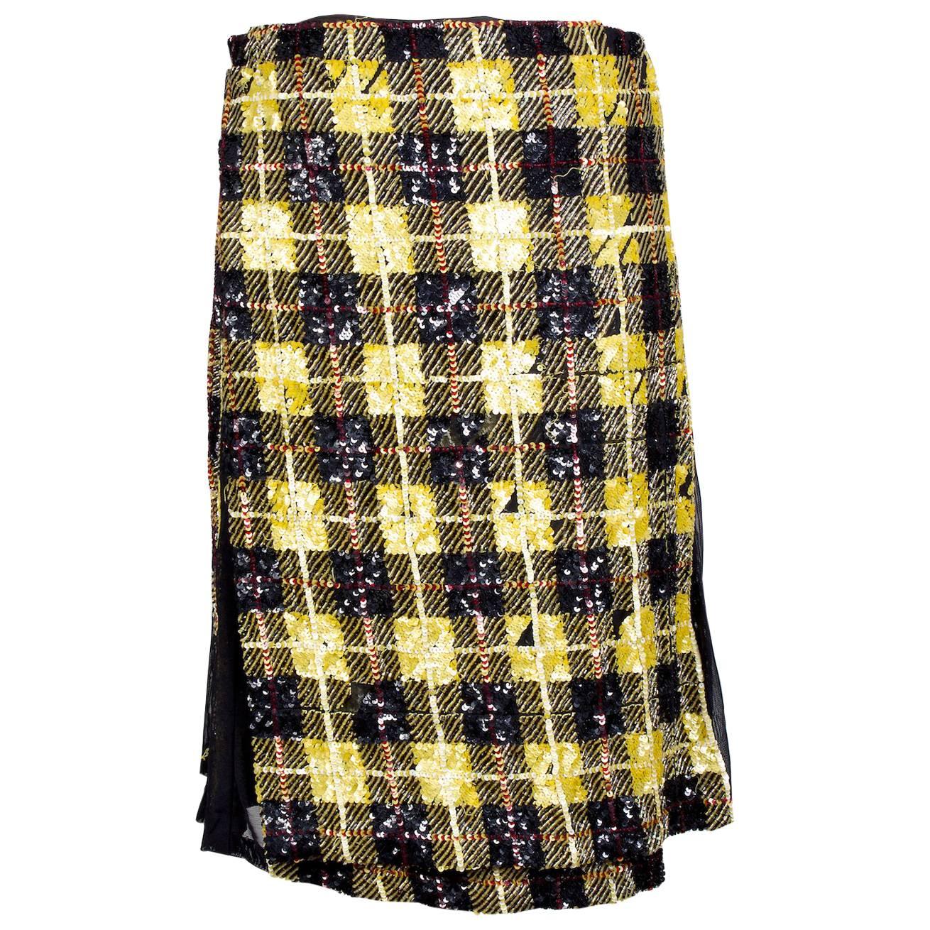 Jean Paul Gaultier Sequin Plaid Skirt with Mesh Pleats circa 2000s