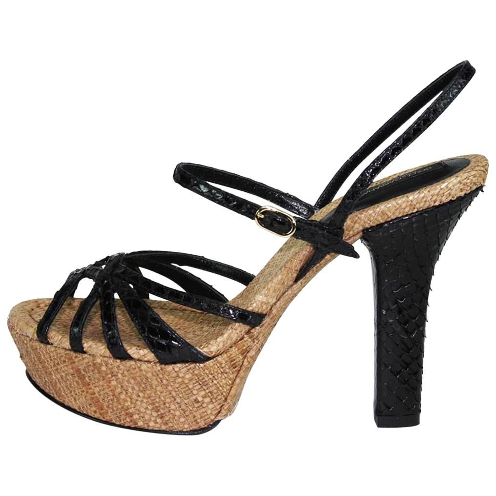 New DOLCE & GABBANA Platform Python Leather Raffia Shoes Sandals It 36 - US 6 For Sale