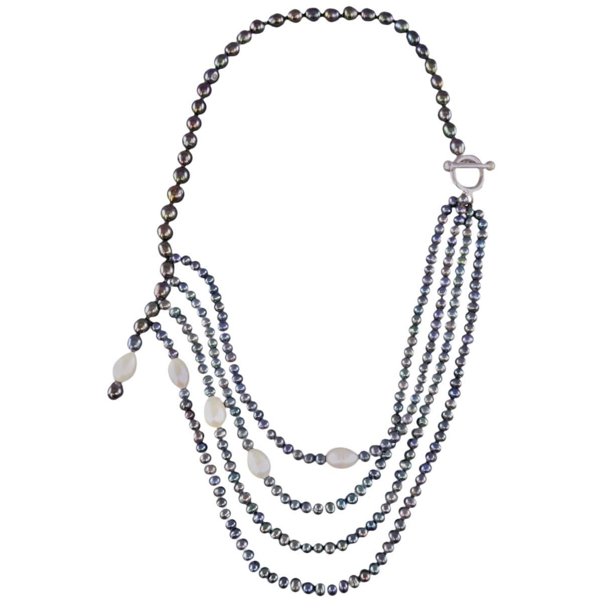 Vintage Black Pearl Asymmetrical Multi-Strand Necklace
