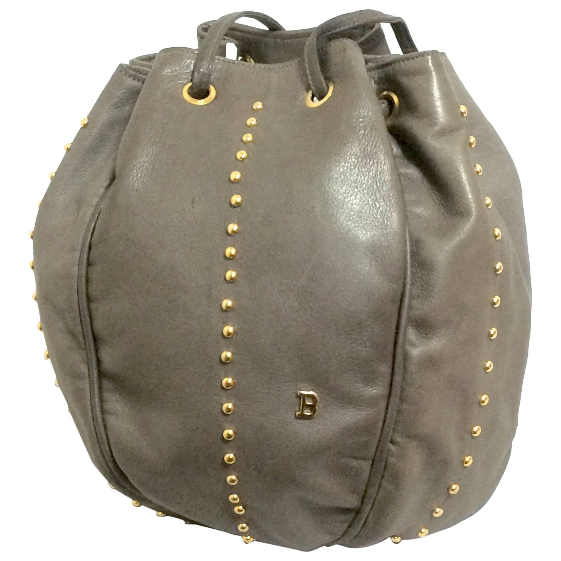 Vintage BALLY gray leather ball shape hobo bucket shoulder bag with studs. For Sale