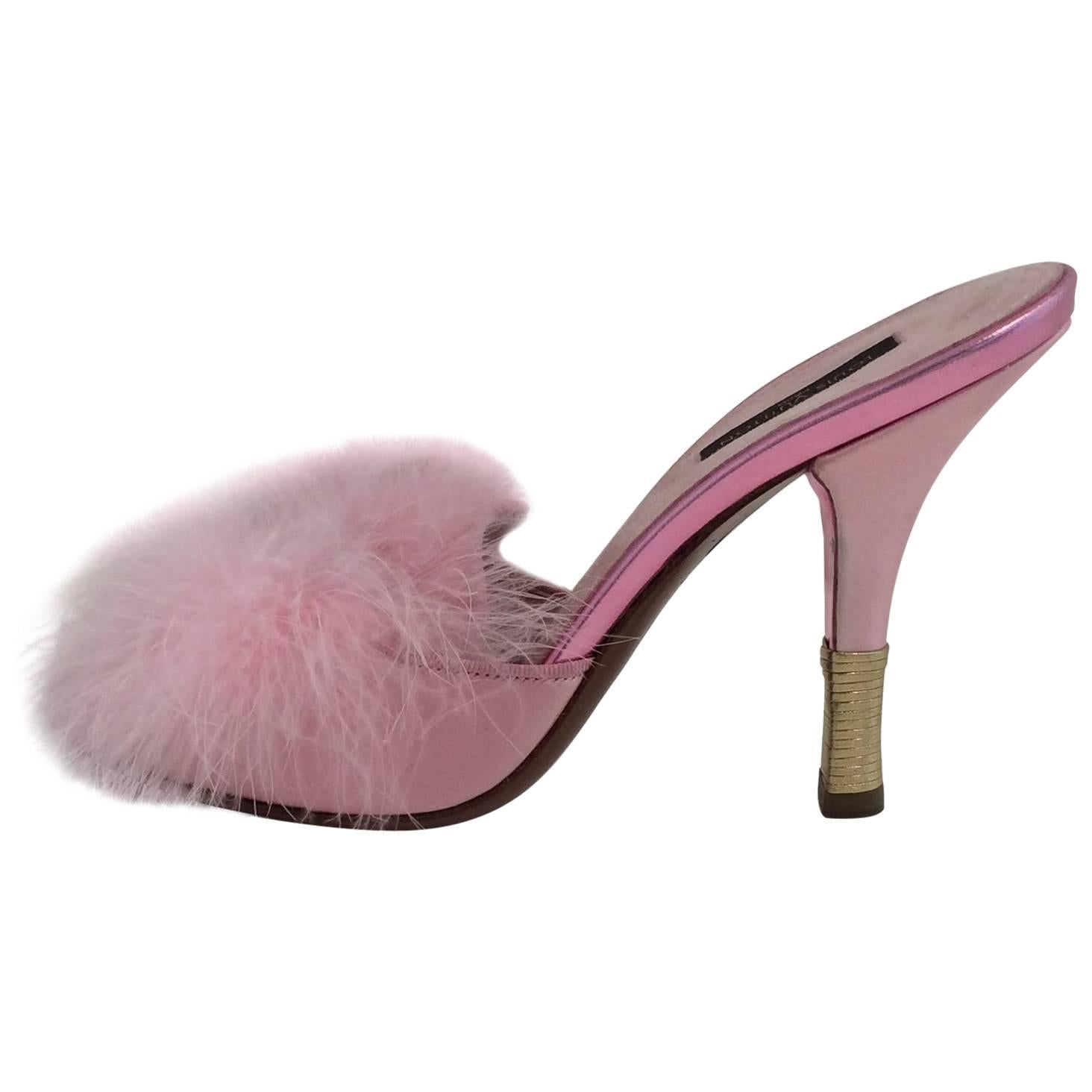 Louis Vuitton Pink Satin And Feather Mules (sz 7.5) For Sale
