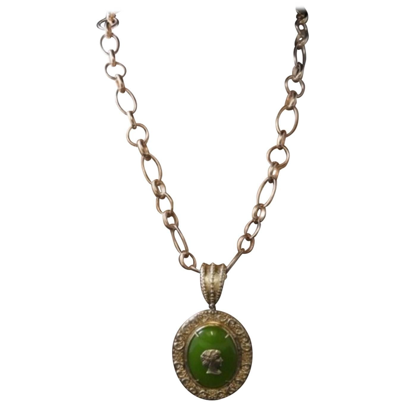 bronze chain and greenpaste glass cabochon pendant by Patrizia Daliana