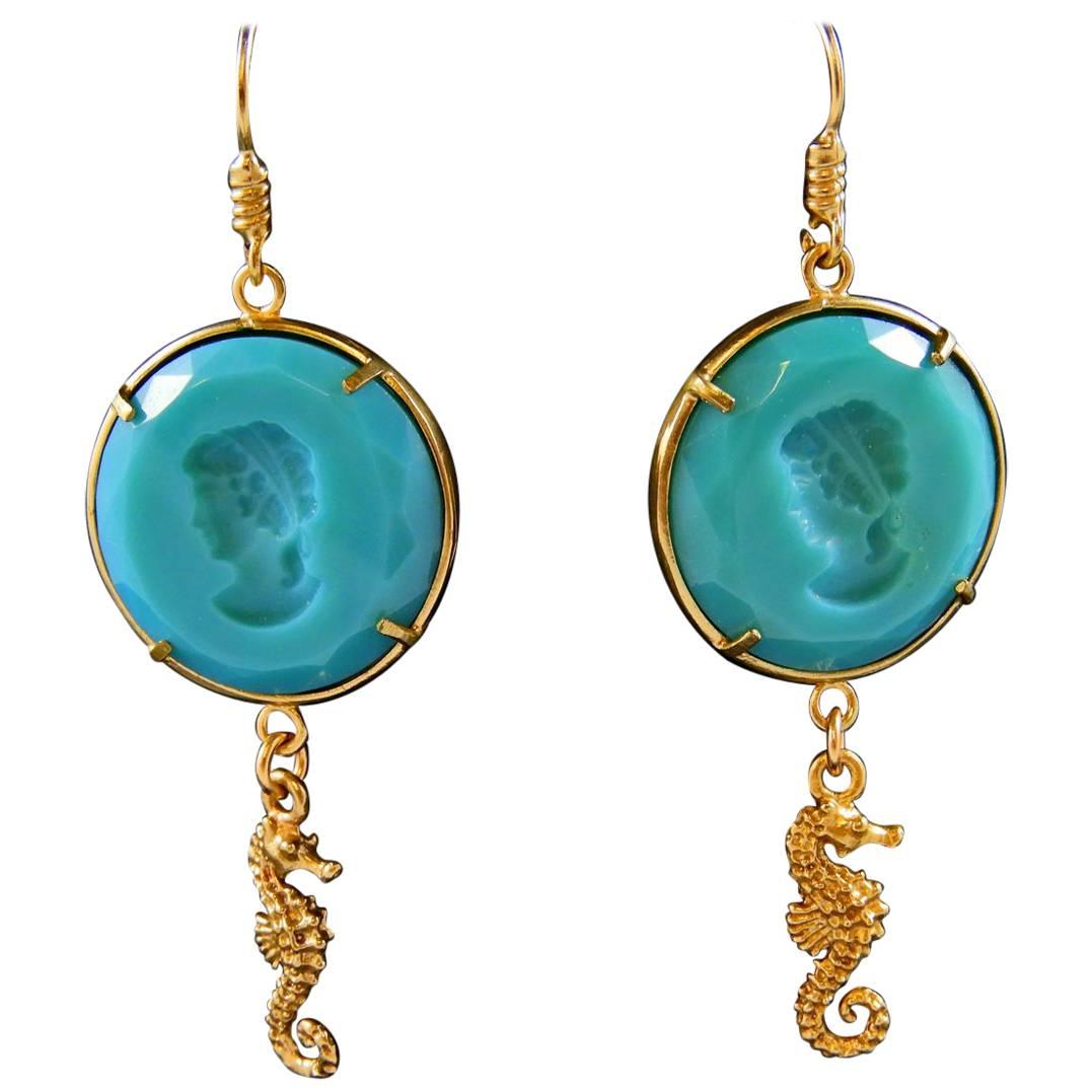 bronze and turquoise engraved paste glass earrings by Patrizia Daliana