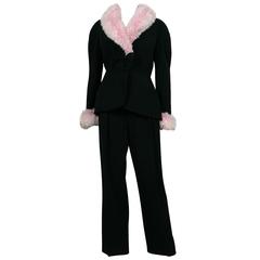 Thierry Mugler Vintage Black Worsted Wool and Faux Pink Fur Pant Suit