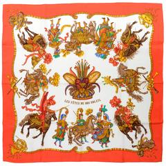 1990s New Authentic HERMES LES FETES DU ROI SOLEIL Silk Scarf with Box