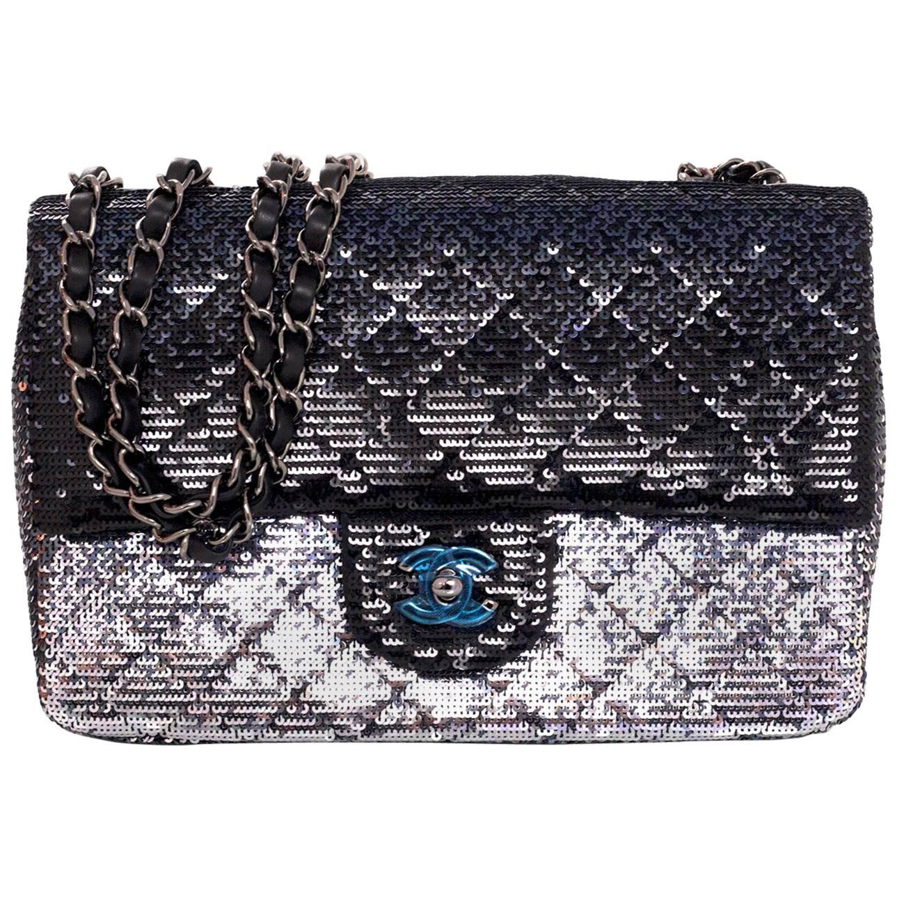 Chanel NEW IN BOX 2015 Black and Silver Ombre Sequin Flap Bag