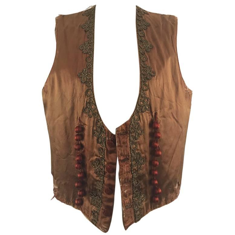 1900 Man’s Theatrical Waistcoat Bronze Silk Duchess Satin, Embellishments  For Sale