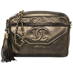 Chanel Vintage Green Metallic Lambskin Leather Quilted CC Camera Bag w/ Tassel