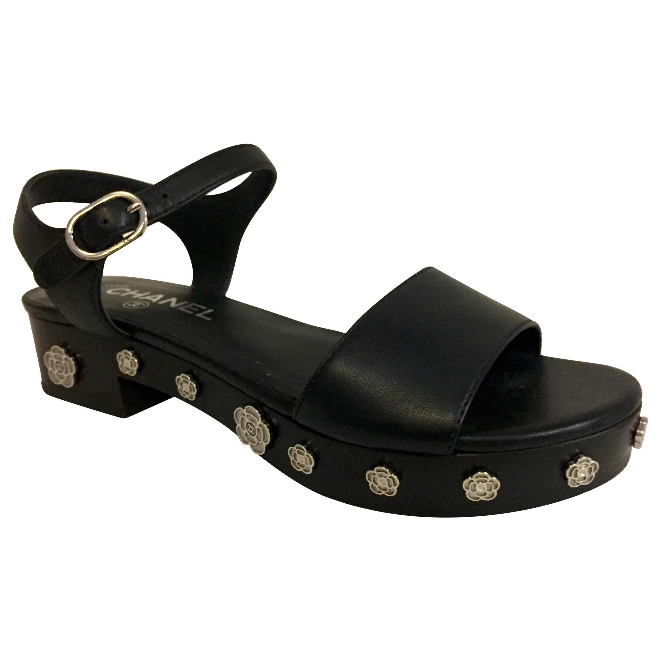 Chanel Camellia Sandals in Black with Silver Camellia Flowers on the Platforms For Sale