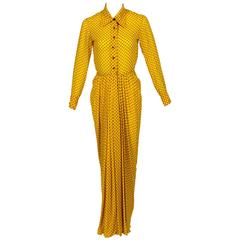 Vintage 1970s James Galanos Couture Yellow Silk Black Dot Print Draped Dress