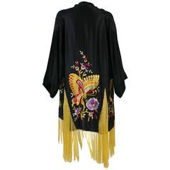 1920s Art Deco Silk Floral Embroidered Hand Knot Fringe Kimono Jacket