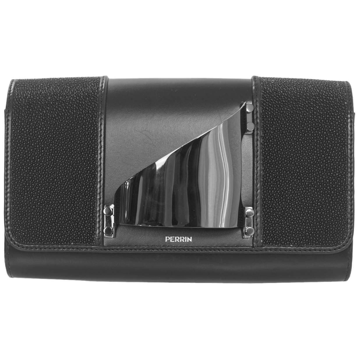 Perrin Black Leather Stingray & Gunmetal L'asymetrique Glove Clutch Bag rt $2800